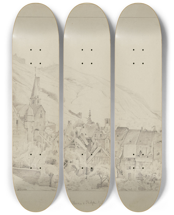 Triptych art skateboard deck of Victor Mller Ansicht Von Alken An Der Mosel by Victor Muller (1829-1871)