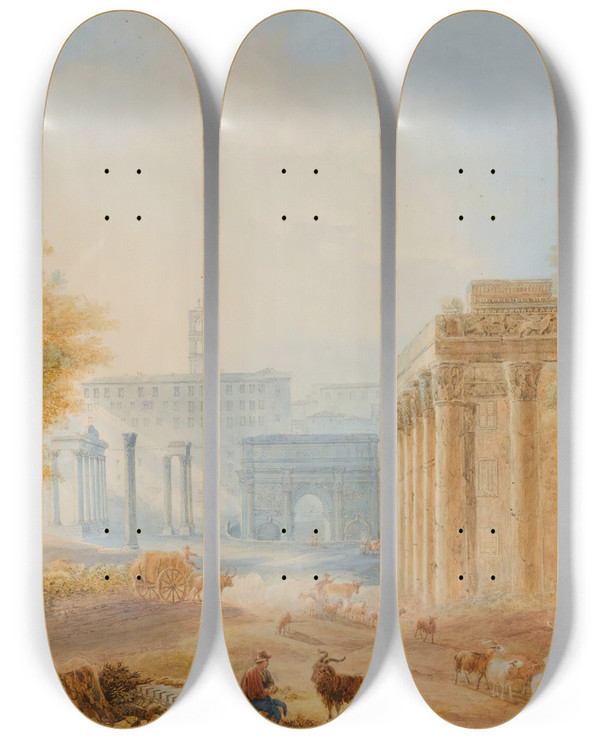 Triptych art skateboard deck of Henri Lvque View Of The Forum Rome by Henri Leveque (1769-1832)