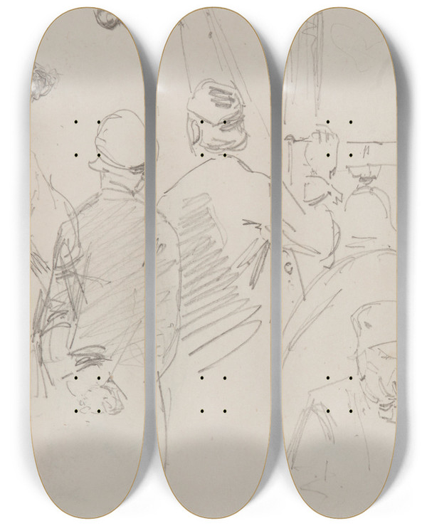 Triptych art skateboard deck of James Abbott Mcneill Whistler Four Men Aboard A Boat by James Abbott Mcneill Whistler (1834-1903)