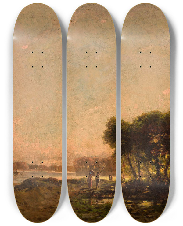 Triptych art skateboard deck of Aleksander Swieszewski Landscape At Sunset by Aleksander Swieszewski (1839-1895)