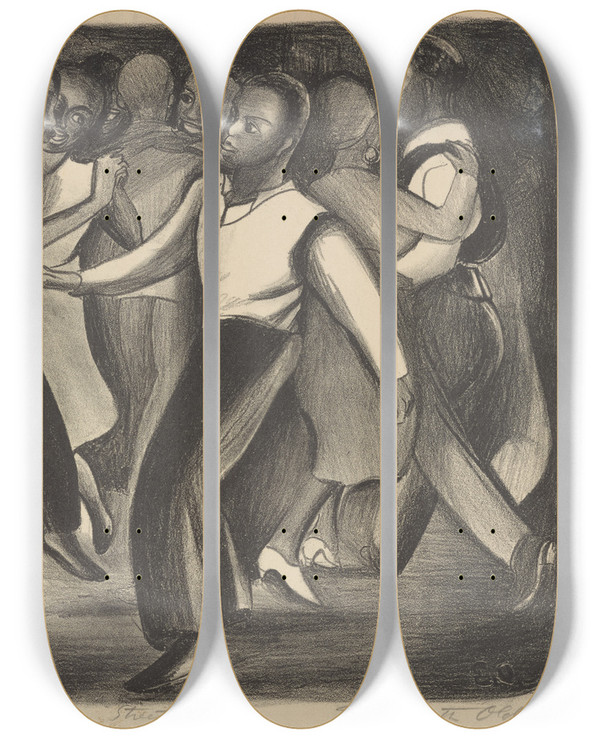 Triptych art skateboard deck of Elizabeth Olds Harlem Wpa Street Dance by Elizabeth Olds (1896-1991)