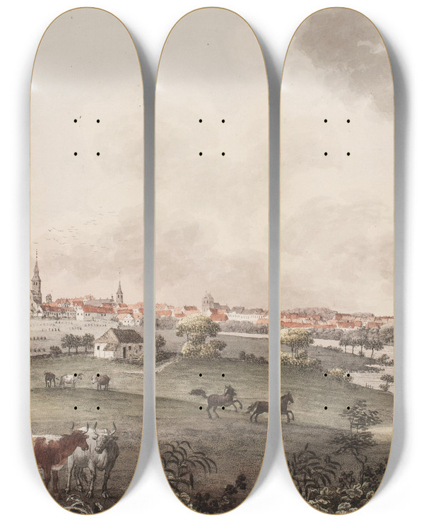 Triptych art skateboard deck of Sren L Lange Odense P Fyn Fra Den Stlige Side by Soren L Lange (1760-1828)
