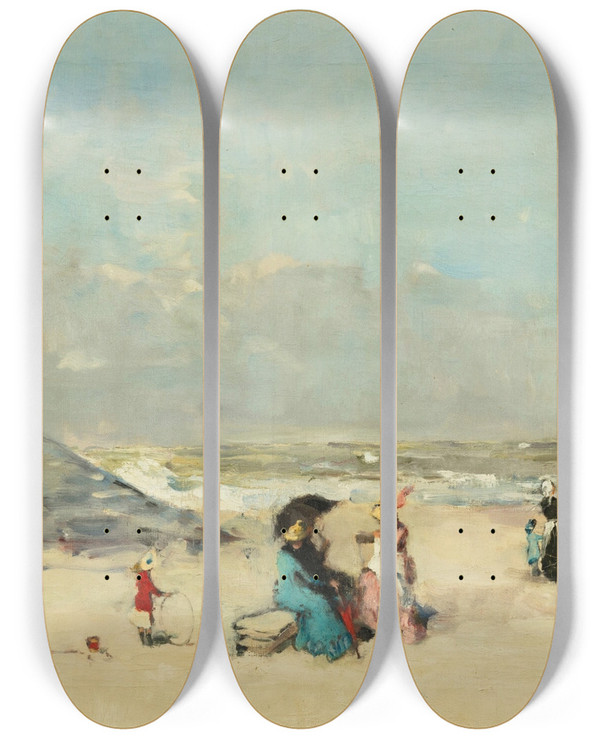 Triptych art skateboard deck of Pericles Pantazis At The Beach Ostend by Pericles Pantazis (1864-1871)