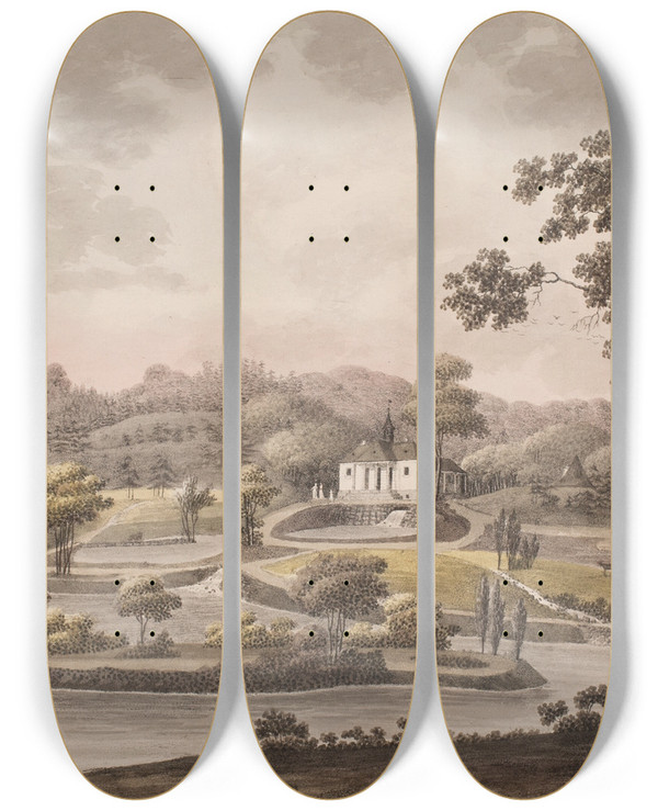 Triptych art skateboard deck of Sren L Lange Liselund P Mn I Danmark by Soren L Lange (1760-1828)