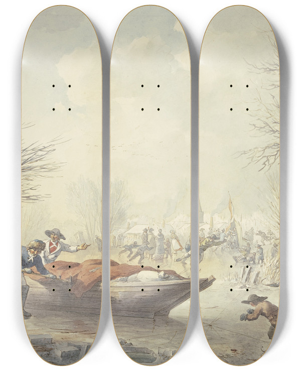 Triptych art skateboard deck of Abraham Teerlink Winterlandschaft Auf Dem Eis Schieben Drei Mnner Ein Boot Dem Land Zu Rechts Ein Schlittschuhlufer Den Ein Hund Verfolgt by Abraham Teerlink (1776-1857)