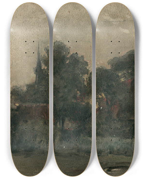 Triptych art skateboard deck of Adolf Le Comte Dorpsgezicht Bij Avond by Adolf Le Comte (1850-1921)