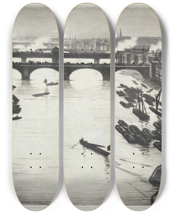 Triptych art skateboard deck of Christopher R W Nevinson London Bridges by Christopher R W Nevinson (1889-1946)