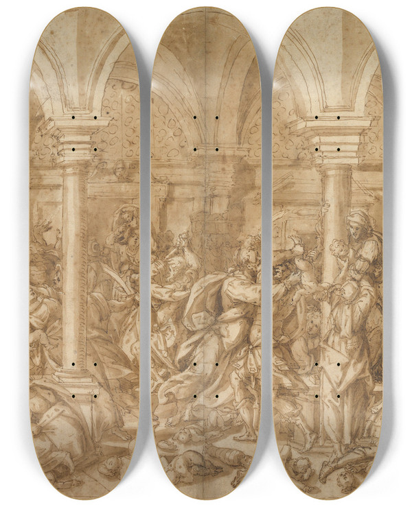 Triptych art skateboard deck of Giovanni Mauro Della Rovere The Massacre Of The Innocents by Giovanni Mauro della Rovere (1561-1640)