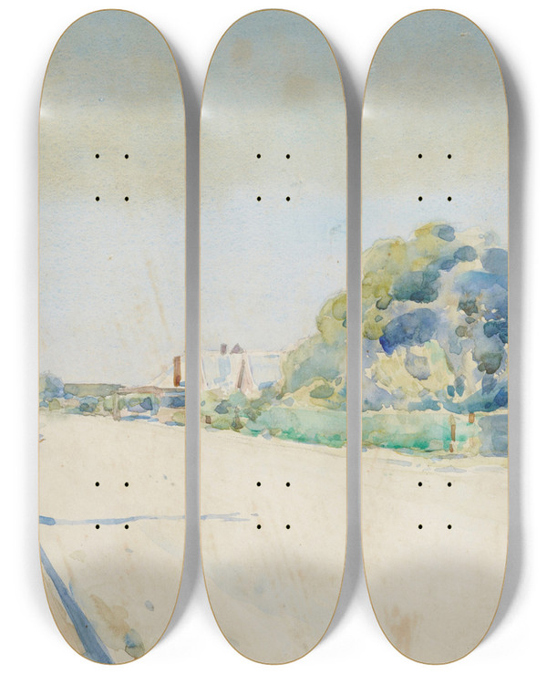 Triptych art skateboard deck of James Nairn Street Scene by James M Nairn (1859-1904)