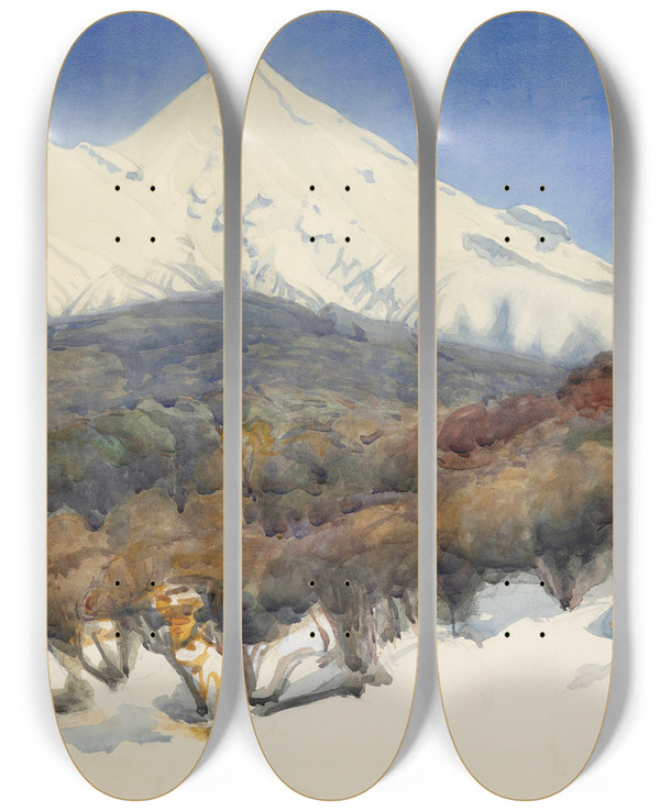 Triptych art skateboard deck of Dorothy Richmond Mount Egmont_1 by Dorothy Richmond (1861-1935)