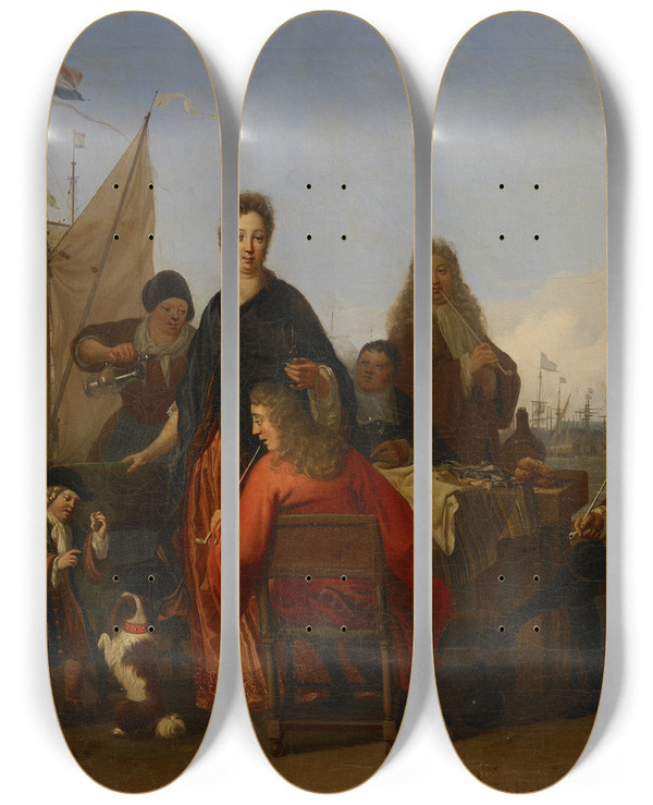 Triptych art skateboard deck of Ludolf Bakhuysen The Bakhuysen And De Hooghe Families Dining At The Mosselsteiger Mussel Pier On The Y Amsterdam Ludolf Bakhuysen 1702 by Ludolf Backhuysen (1630-1708)