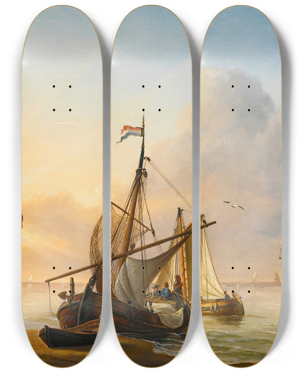Triptych art skateboard deck of Charles Martin Powell Shipping In A Calm by Charles Martin Powell (1775-1824)