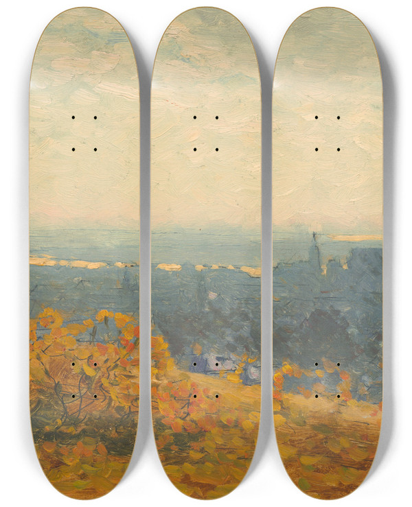 Triptych art skateboard deck of Jindich Tomec View Of Bratislava by Jindrich Tomec (1863-1928)
