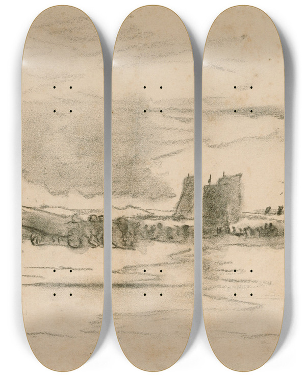 Triptych art skateboard deck of Winslow Homer Beach At Low Tide Cullercoats England by Winslow Homer (1836-1910)