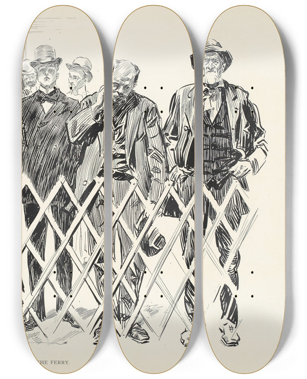 Triptych art skateboard deck of Charles Dana Gibson On The Ferry_1 by Charles Dana Gibson (1867-1944)