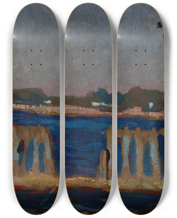 Triptych art skateboard deck of Jan Stanislawski Fence On The River by Jan Stanislawski (1860-1907)