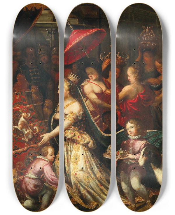 Triptych art skateboard deck of Stephan Kessler The Queen Of Sheba Before Solomon by Stephan Kessler (1622-1700)