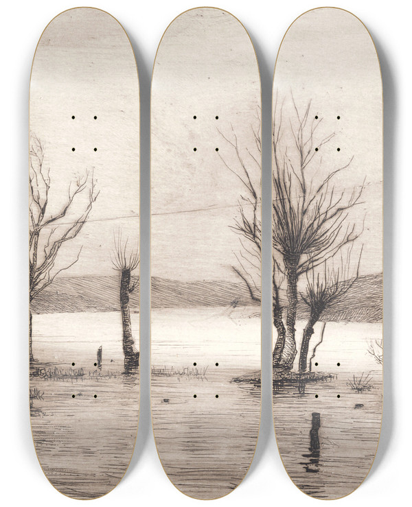 Triptych art skateboard deck of Peter Ilsted Vinterlandskab Ved Tyreholm by Peter Ilsted (1861-1933)