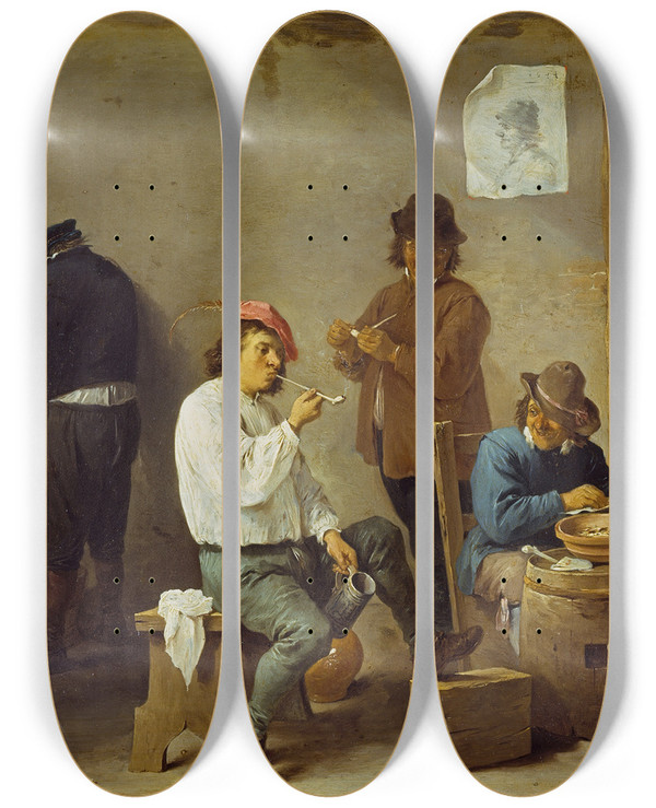 Triptych art skateboard deck of David Teniers The Younger The Smokers by David Teniers The Younger (1610-1690)