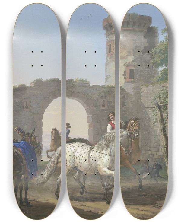 Triptych art skateboard deck of Johann Georg Pforr Ein Kavalier Sitzt Mit Seiner Frau Und Seinem Sohn Vor Seinem Haus Und Lsst Sich Einen Schimmel Vorfhren by Johann Georg Pforr (1745-1798)