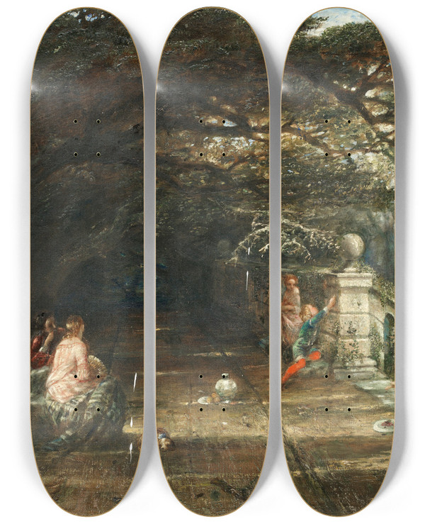 Triptych art skateboard deck of Alfred Joseph Woolmer Haddon Hall Terrace by Alfred Joseph Woolmer (1805-1892)