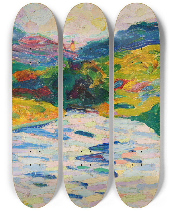 Triptych art skateboard deck of Curt Herrmann Landschaft Mit Flusslauf by Curt Herrmann (1854-1929)
