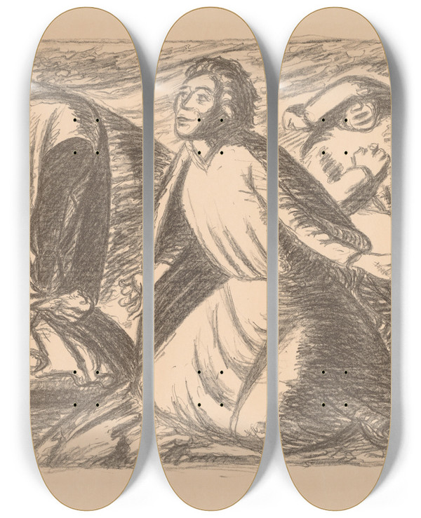 Triptych art skateboard deck of Ernst Barlach Hope And Despair Ii by Ernst Barlach (1870-1938)