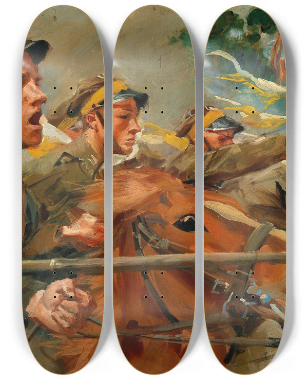 Triptych art skateboard deck of Wojciech Kossak Attack by Wojciech Kossak (1857-1942)