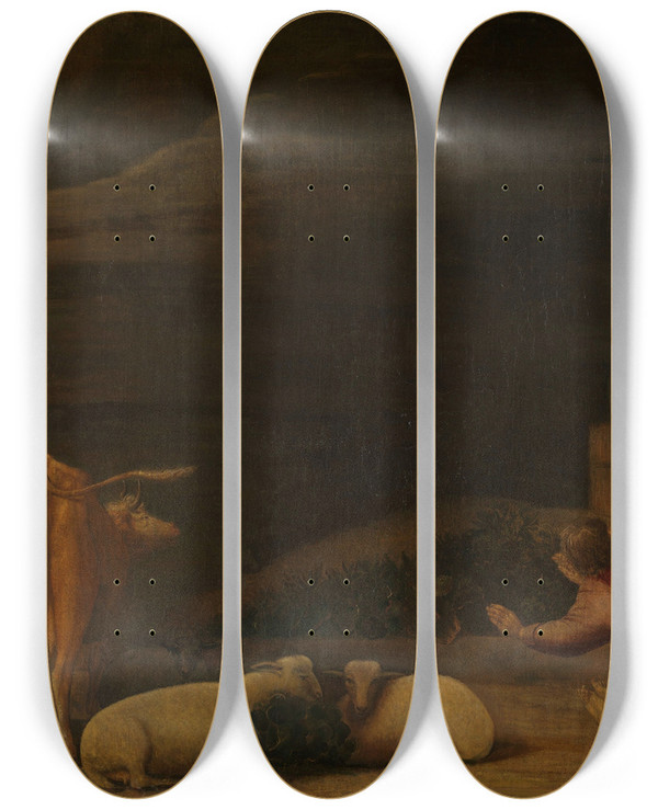 Triptych art skateboard deck of Dirck Wijntrack Annunciation To The Shepherds by Dirck Wijntrack (1615-1678)
