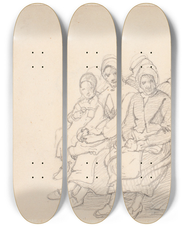 Triptych art skateboard deck of Wilhelm Marstrand Siddende Svenske Bondekoner by Wilhelm Marstrand (1810-1873)