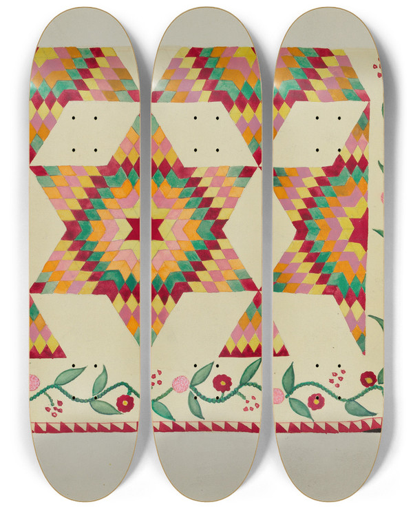 Triptych art skateboard deck of Cornelius Frazier Applique Quilt by Cornelius Frazier