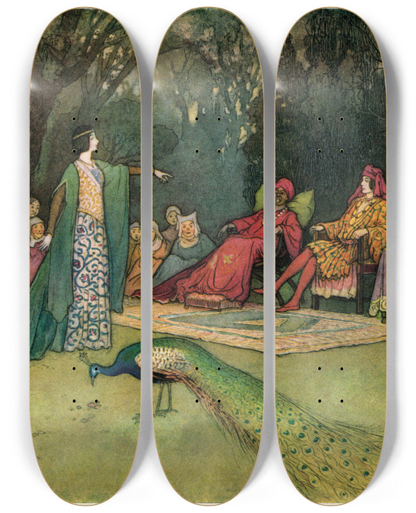 Triptych art skateboard deck of Warwick Goble Zoza Denouncing The Slave by Warwick Goble (1862-1943)