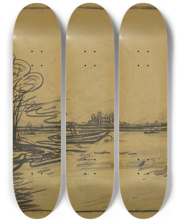 Triptych art skateboard deck of Wilhelm Kalb Flusslandschaft Mit Romanischem Kirchbau by Wilhelm Kalb