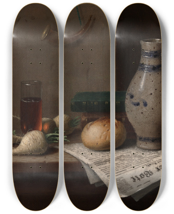 Triptych art skateboard deck of William Michael Harnett Munchenerbote by William Michael Harnett (1848-1892)