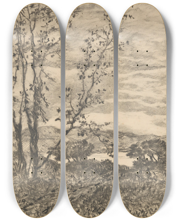 Triptych art skateboard deck of Henrijoseph Harpignies Le Cap Martin by Henri Joseph Harpignies (1819-1916)