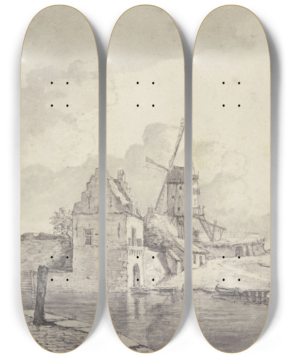 Triptych art skateboard deck of Gerrit Lamberts The Old Harbour Of Nijmegen by Gerrit Lamberts (1776-1850)
