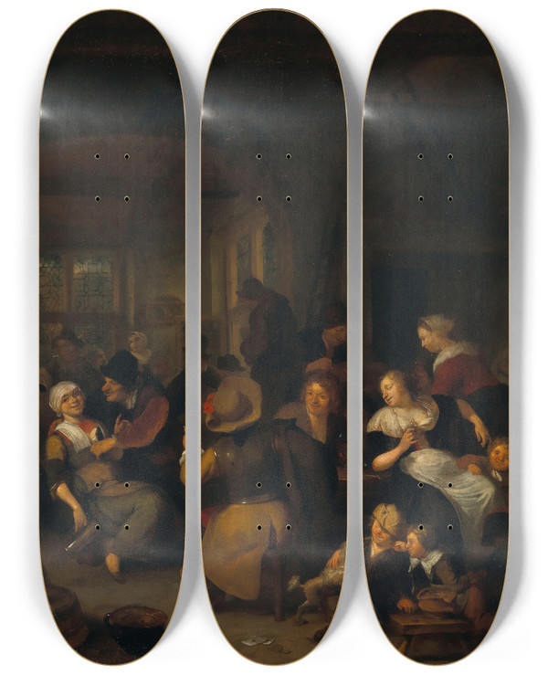 Triptych art skateboard deck of Richard Brakenburgh A Tavern Interior With Peasants Drinking by Richard Brakenburgh (1650-1702)