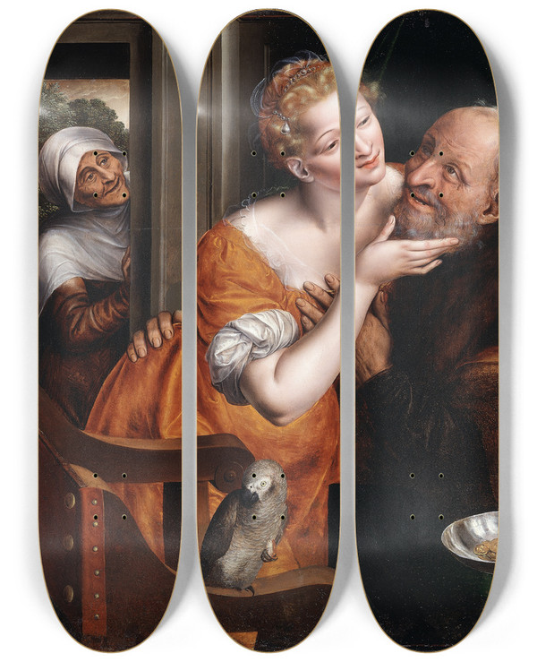Triptych art skateboard deck of Jan Massys The Illmatched Pair by Jan Massys (1510-1575)