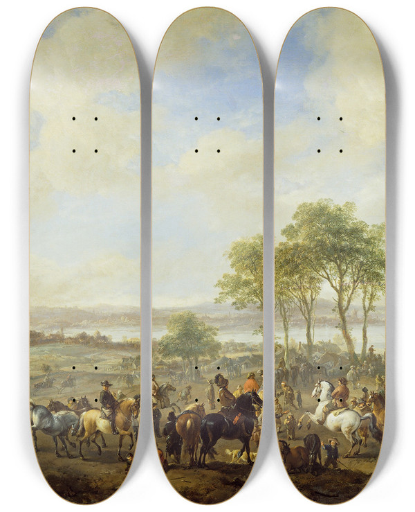 Triptych art skateboard deck of Philips Wouwerman The Horse Fair by Philips Wouwerman (1619-1668)