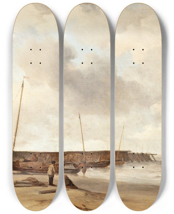 Triptych art skateboard deck of Willem Van De Velde The Younger Beach With A Weyschuit Pulled Up On Shore by Willem van de Velde the Younger (1633-1707)