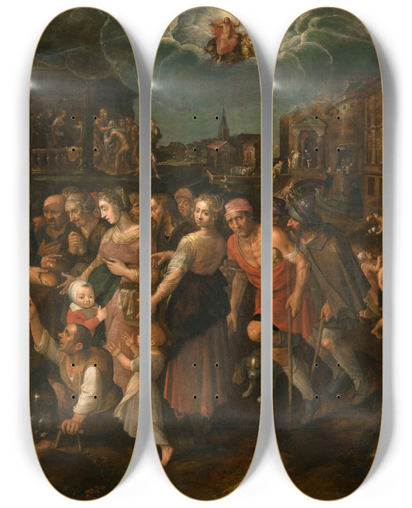 Triptych art skateboard deck of Frans Francken The Younger The Seven Acts Of Mercy by Frans Francken the Younger (1581-1642)