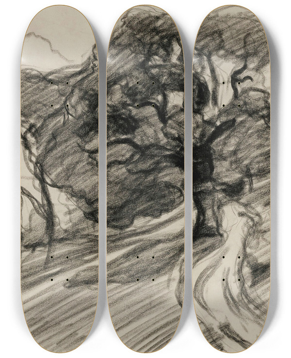 Triptych art skateboard deck of Robert Polhill Bevan Landscape With Trees by Robert Polhill Bevan (1865-1925)
