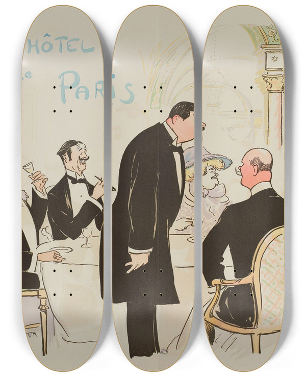 Triptych art skateboard deck of Georges Goursat Sem A Lhtel De Paris_4 by Georges Goursat (Sem) (1863-1934)