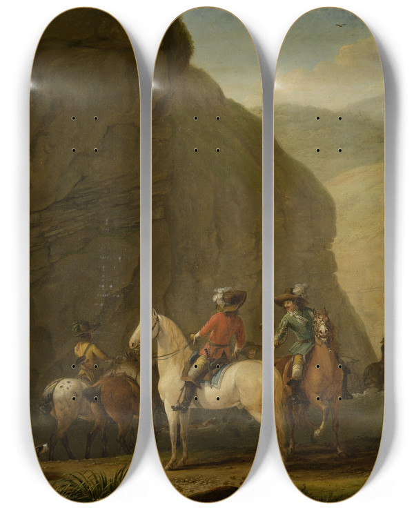 Triptych art skateboard deck of Johann Georg Pforr Mountain Landscape With A Hunting Party by Johann Georg Pforr (1745-1798)