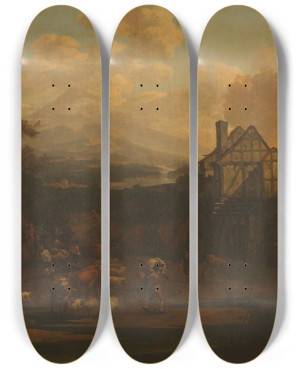 Triptych art skateboard deck of Abraham Jansz Begeyn Plundering by Abraham Jansz Begeyn (1637-1697)