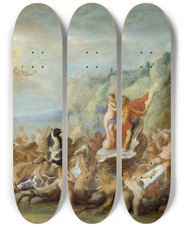 Triptych art skateboard deck of Abraham Van Diepenbeeck Neptune And Amphitrite by Abraham Van Diepenbeeck (1596-1675)