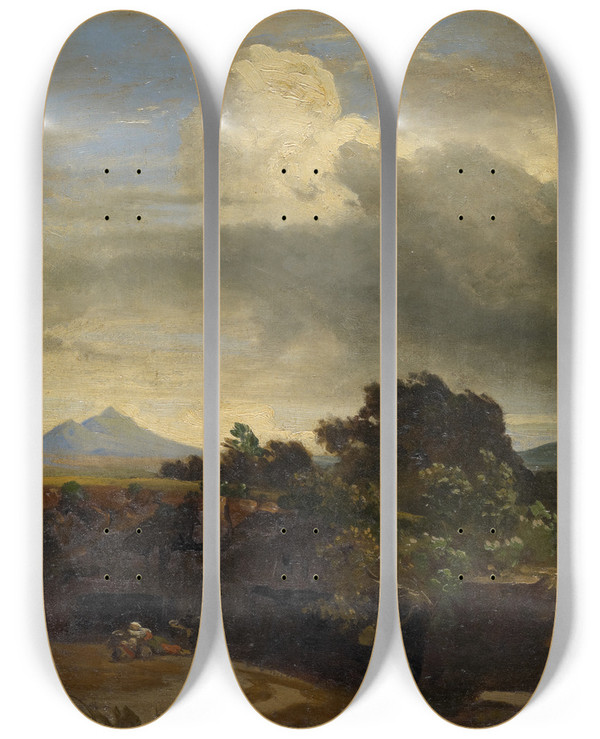 Triptych art skateboard deck of Johann Wilhelm Schirmer Tempest In The Campagna by Johann Wilhelm Schirmer (1807-1863)