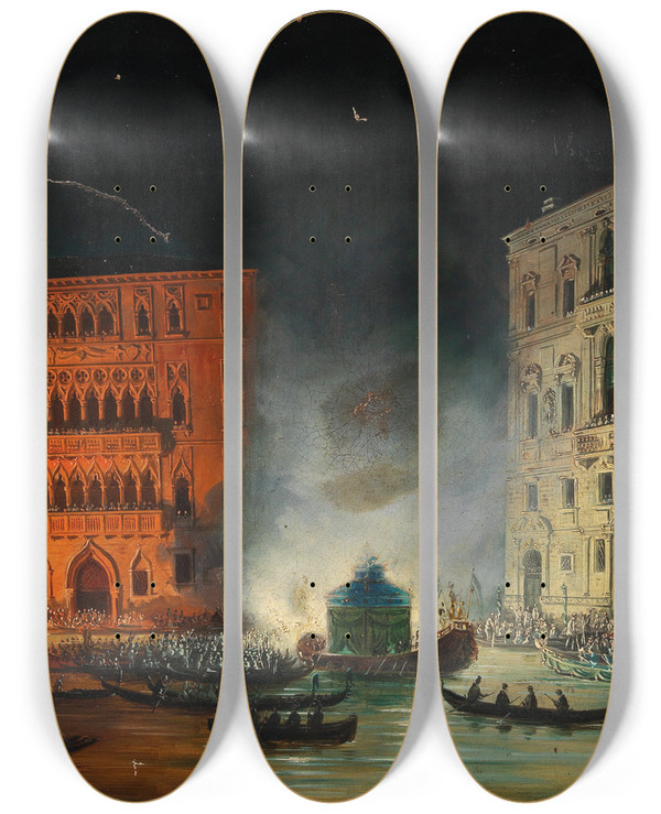 Triptych art skateboard deck of Giovanni Grubacs Venice Festivities On The Grand Canal In 1838 In Honour Of Emperor Ferdinand by Giovanni Grubacs (1829-1919)