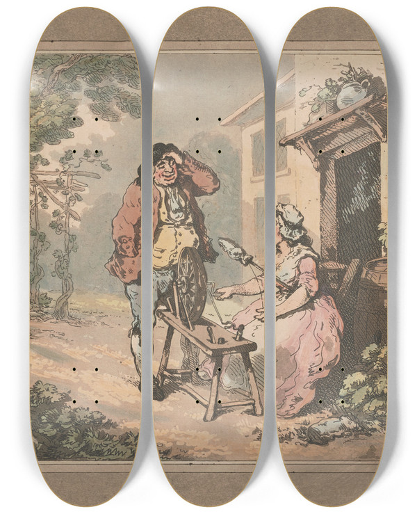 Triptych art skateboard deck of Thomas Rowlandson Rustic Courtship by Thomas Rowlandson (1756-1827)