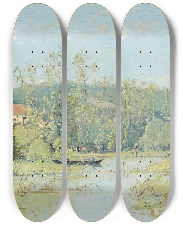 Triptych art skateboard deck of Victor Violletleduc A Punt On The River by Victor Viollet-le-duc (1848-1901)